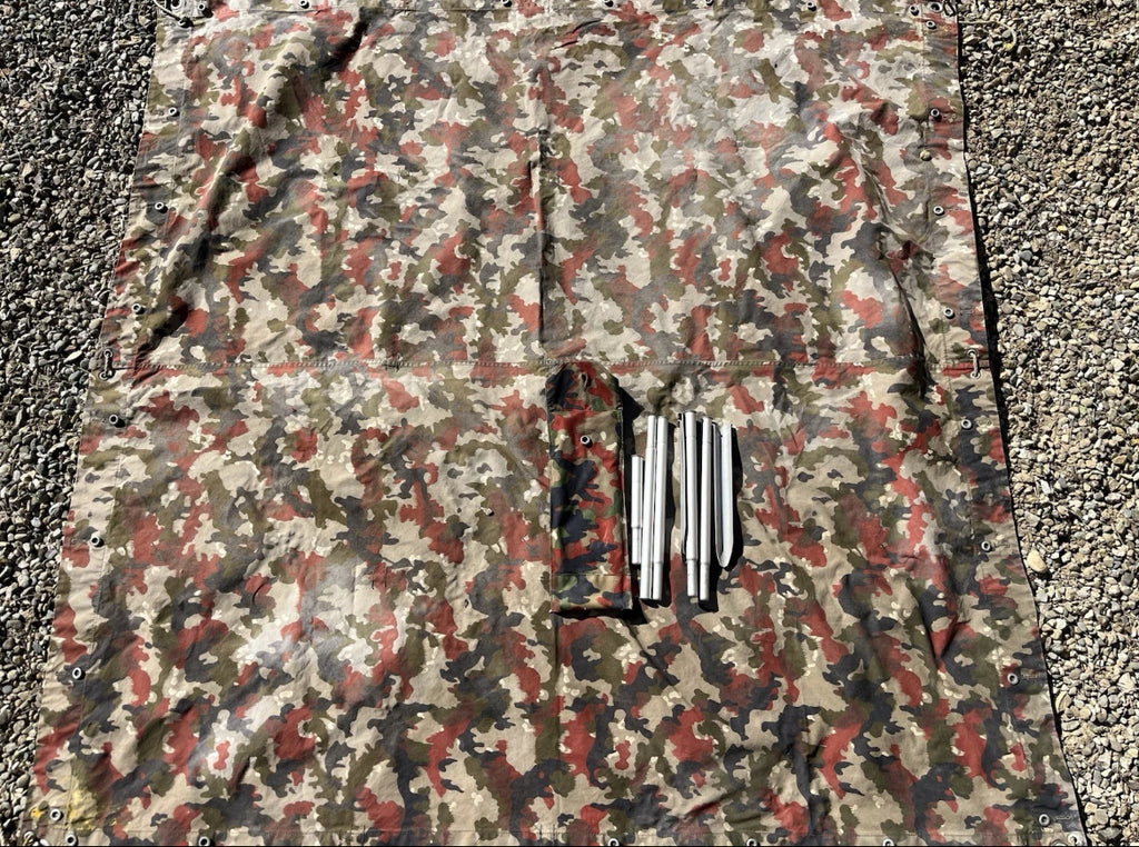 Cold War Swiss army tent half canvas field cover camo alpenflage taz 57 with poles