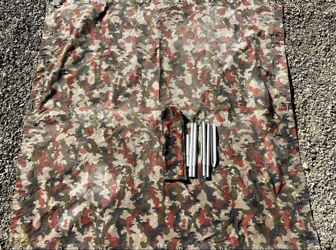 Cold War Swiss army tent half canvas field cover camo alpenflage taz 57 with poles