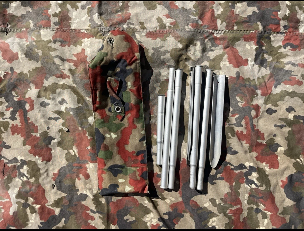 Cold War Swiss army tent half canvas field cover camo alpenflage taz 57 with poles