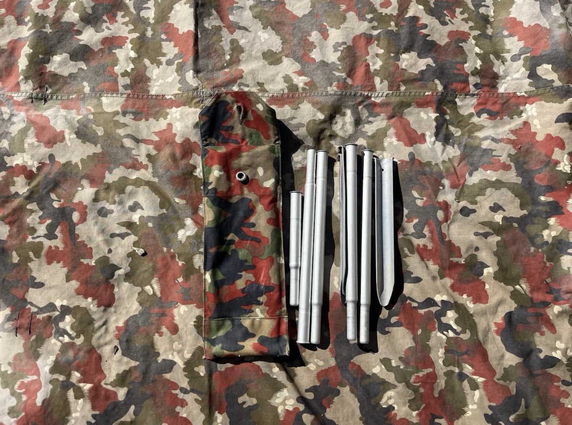 Cold War Swiss army tent half canvas field cover camo alpenflage taz 57 with poles